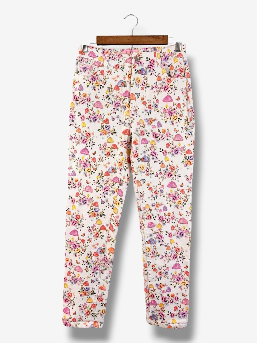 Sugar Thrillz On A Whim Mushroom Print Mom Jean Size M White Pink Floral Boho